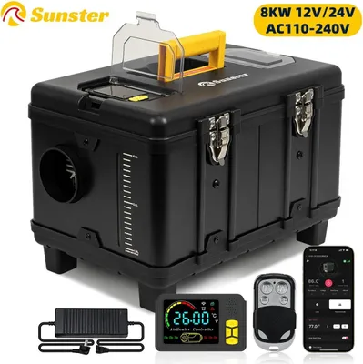Immagine prodotto di Riscaldatore ad aria a gasolio - All-in-One - 8 kW - 12/24 V CC e 110–240 V CA - App Bluetooth, display LCD e telecomando - Serbatoio da 6 L - 20–25 m² - 35 dB - Verde chiaro