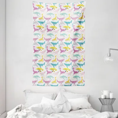 Produktbild von ABAKUHAUS Unterwasser- Wandteppich und Tagesdecke, Wale Childish Maritime aus Weiches Mikrofaser Stoff Waschbar ohne Verblassen Digitaldruck, 140 x 230 cm, Mehrfarbig