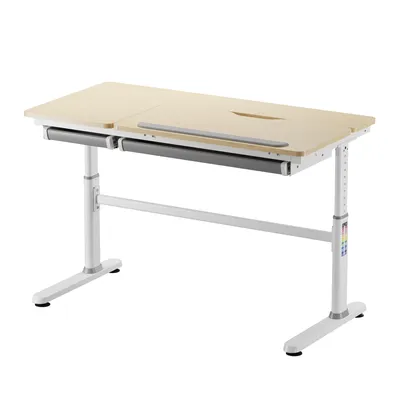 Produktbild von HOKO Kinderschreibtisch höhenverstellbar, 120x60 cm Kinder Schreibtisch mit neigbare Tischplatte, Schubladen, Verstellbar 54-76cm, Holzoptik, CELIN