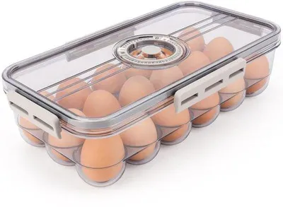 Obrázek produktu pro Ibenzoa® – Krabička na vejce do lednice – 18 vajec, průhledný PET materiál (bez BPA) s víkem s časovačem, rozměry 18 x 32,5 x 9 cm, možnost stohování