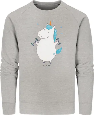 Produktbild von Mr. & Mrs. Panda Baumwoll Pullover Einhorn Fitness Größe XS - Heather Grey - Geschenk, Sweatshirt, Pulli, Fitnessstudio, Sweater, Pumpen, Unicorn, Gym, Einhörner
