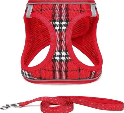 Produktbild von Famanu Hundegeschirr für kleine Hunde mit Leine - antizuggeschirr, reflektierend, atmungsaktiv, rot kariert