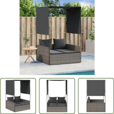 Image de The Living Store Bain de soleil double avec toit et rideaux Gris Poly Rattan