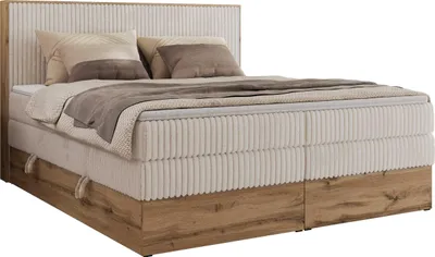 Produktbild von MKS MEBLE Boxspringbett WOOD CLASSIC KING, Doppelbett mit zwei Multipocket-Matratze und Topper T25, hohe Kopfteil, Stauraum - 180 x 200 cm - H4 - Beige Cord