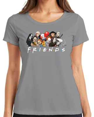 Productafbeelding van Vrienden, horroriconen: Pennywise, Chucky, Michael, Jason, Freddy. Dames T-shirt, grijs, maat 3XL