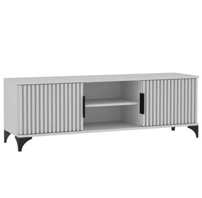 Produktbild von BEAUTYSOFA | TV-Schrank HOME Modernes Lowboard in Weiß, Fernsehtisch mit 2 Türen mit Lamellen und Offenen Ablagen, mit Griffen
