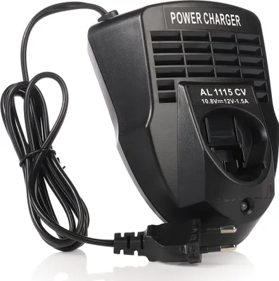 A black power charger with a cord and plug is shown against a white background.