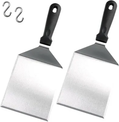Obrázek produktu pro Sada profesionálních grilovacích špachtlí Unyqoos® z nerezové oceli, extra široká špachtle (15 x 13 cm), žáruvzdorné rukojeti, ostré hrany pro škrábání, krájení a obracení, ideální pro kuchyň i grilování