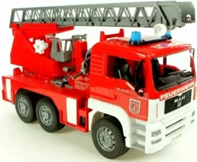 A toy fire engine with a ladder, shown from a slight angle against a white background.