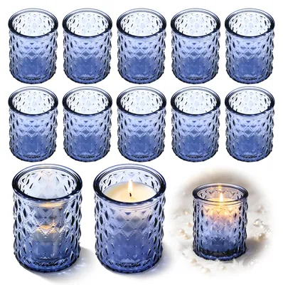 12 Teelichthalter aus Glas, blau, 6,8 x 5,6 cm