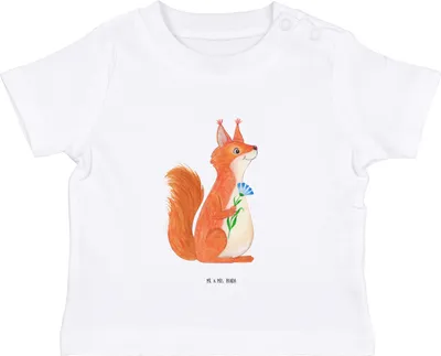 Produktbild von Mr. & Mrs. Panda Babyshirt Eichhörnchen Blume 6. - 12. Monat - Weiß - Geschenk, Kinder T-Shirt,  Baby, Lustige Sprüche, Spruch Positiv, Baumwollshirt, Lachen, Spaß