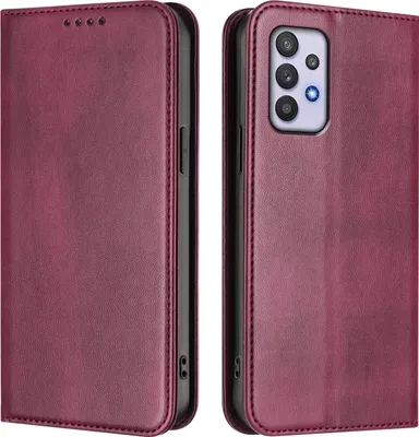 A burgundy flip case for a smartphone is shown from two angles, front and back.