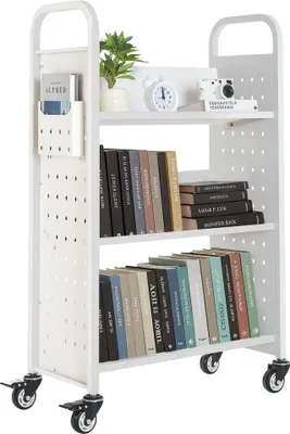Produktbild von Bücherwagen 150kg Tragkraft - Bibliothekswagen 77x38x122cm - Einseitiges V-förmiges Bücherregal mit Doppelbremsrollen - Ideal für Wohnzimmer, Büro, Schule - Weiß