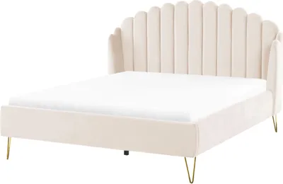 Produktbild von BELIANI Polsterbett Hellbeige Samtstoff mit Lattenrost 160 x 200 cm mit Vertikaler Steppung Schlafzimmer Ehebett Modern