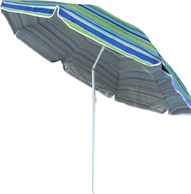 A striped beach umbrella is shown against a white background.