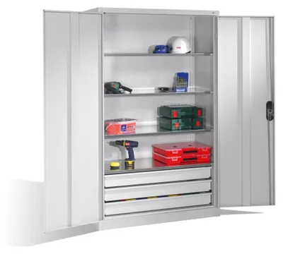 Produktbild von C+P Werkzeugschrank mit Drehtüren, 4 Böden und 3 Schübe, H1950xB1200xT500mm Front Lichtgrau Korpus Lichtgrau