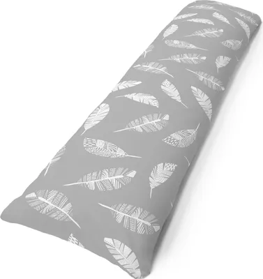 A long pillow with a feather pattern on a white background.