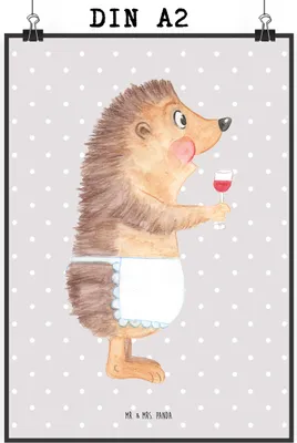 Produktbild von Mr. & Mrs. Panda Bild Igel Wein DIN A2 - Grau Pastell - Geschenk, wanddeko, Deko, Wandbild, Weißwein, Lustige Sprüche, Rotwein, Weinglas, drucke, Spruch, Designposter