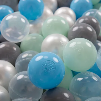 Zdjęcie produktu dla KiddyMoon plastikowe piłeczki 7cm perła-szary-transparent-babyblue-mięta 200 zabawka zestaw kulek