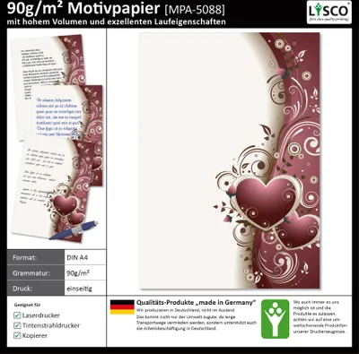 Produktbild von Motivpapier Briefpapier (Blumen-5088, DIN A4 25 Blatt) schöne rote Ranken mit Herzen