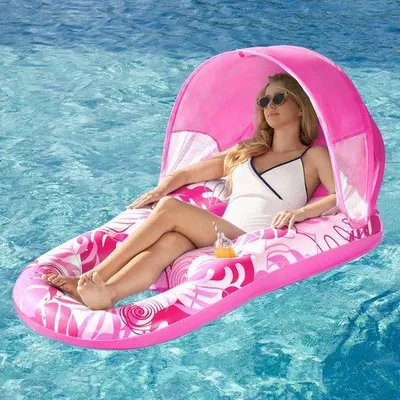 Produktbild von Unyqoos® Aufblasbares Schwimmfloß – Pool-Lounge mit abnehmbarem Sonnendach, Mesh-Sitz, Rückenlehne & Fußstütze, 2 Becherhalter, 152,4 x 91,4 x 76,2 cm, rosa Tropenblatt-Design