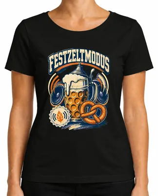 Produktbild von Festzeltmodus Wiesn Maßkrug Trachtenshirt Lederhose Damen T-Shirt, Schwarz, 3XL