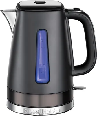 A matte black electric kettle with a blue water level indicator is shown against a white background.