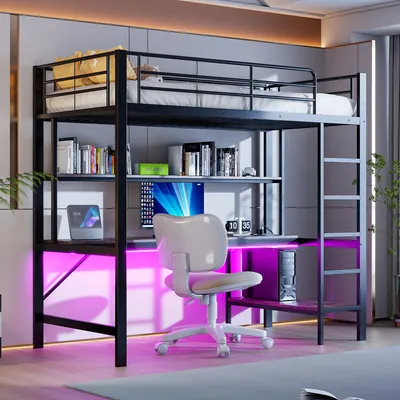 Productafbeelding van Metalen hoogslaper 90x200 cm - Met bureau, stopcontact en USB-poort - Zwart - App-gestuurde LED-verlichting - Meerdere legplanken en veilige trap met omheining