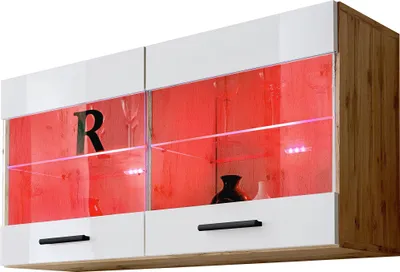 Produktbild von Komodee | Vitrine Schrank mit 2 Türen Savona, Korpus Wotan Matt Frontfarbe Weiß Hochglanz, LED RGB