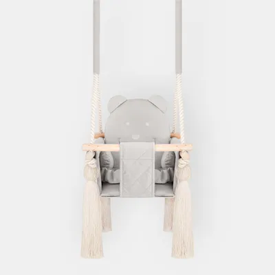Produktbild von Indoor-Babyschaukel Grau aus Velvet – Mit Sicherheitsgurten, Teddybär-Design, Holzrahmen – Hergestellt in der EU