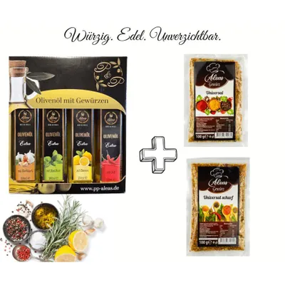 Produktbild von Premium Küchen-Bundle: 4er Olivenöl-Kollektion (Knoblauch, Basilikum, Zitrone, Chili) + 2er Set Aleas Universal Gewürze (Mild und Scharf)