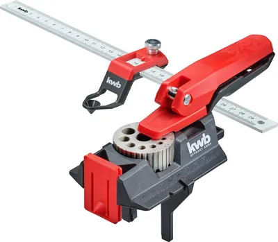 Produktbild von kwb Dübelhilfe/Dübellehre mit 30 cm Lineal, 3-12 mm Bohrlöcher inkl. Kernlochmaßen, Schablone zum gerade Bohren in Holz, Metall u. v. m., Dübelbohrlehre zum Verdübeln