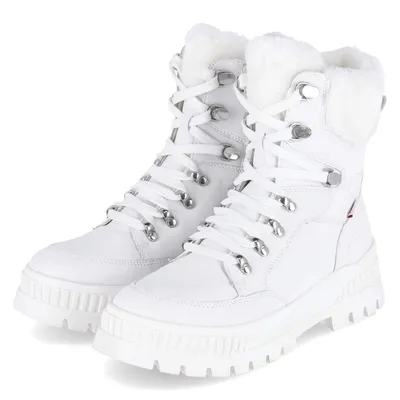 A pair of white winter boots with white laces and white fur trim, shown from a slightly angled front view on a white background.