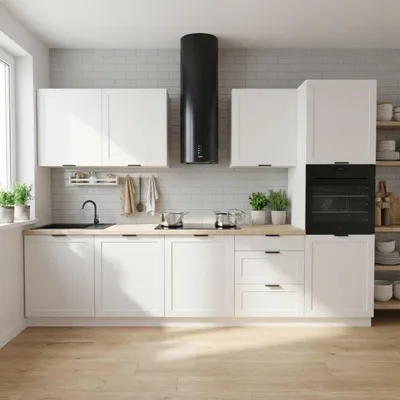 Produktbild von Küchenzeile 300 cm - mit beiger Arbeitsplatte - Weiß Matt - mit Hängeschränke und Unterschränke - mit Soft-Close - Aluminiumgriffe - ADELE