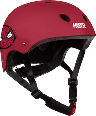 A red Marvel Spiderman helmet with black straps.