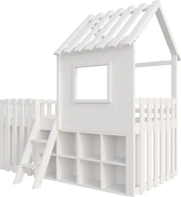 Obrázek produktu pro okwish Patrová postel 90x200 domečková postel bez matrace s lezeckým žebříkem a otevřeným úložným prostorem, Dětská postel s střechou a oknem, dřevěná postel z masivního dřeva, bílá