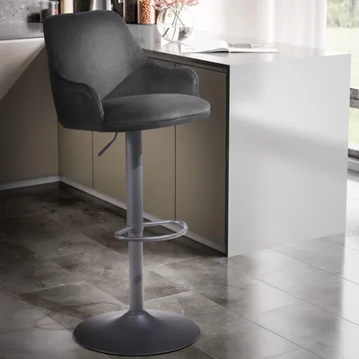 Produktbild von WOHNLING Barhocker Samt Schwarz Hocker mit Lehne 86 106 cm Küchenhocker Höhenverstellbar Modern 100 kg Barstuhl Tresenhocker mit Metall-Trompetenfuß