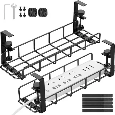 Produktbild von PolkaHome® Kabelmanagement unter dem Schreibtisch, 2er-Set Kabelwanne aus Stahl, Kabel-Organizer für Büro, Kabelhalter mit Klemme,