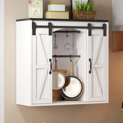 Immagine prodotto di Mobiletto da cucina sospeso a parete con porta scorrevole, pensile con spazio contenitivo, mobiletto compatto con design "porta a griglia", 80 x 31 x 76 cm, bianco