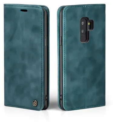 A teal-colored flip cover phone case is shown from two angles.