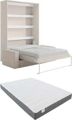 Produktbild von Schrankbett 140 x 200 cm - Manuelle vertikale Öffnung - Mit LEDs - Beige + Matratze + Sofa - RAPILI