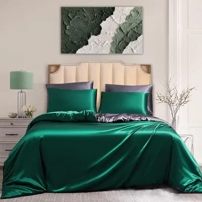 Immagine prodotto di Set di lenzuola in raso, 4 pezzi, verde e grigio, 135x200 cm, 2 federe 80x80 cm, in microfibra