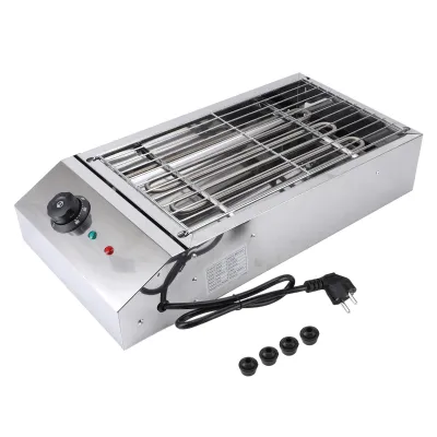 A stainless steel electric grill on a white background.