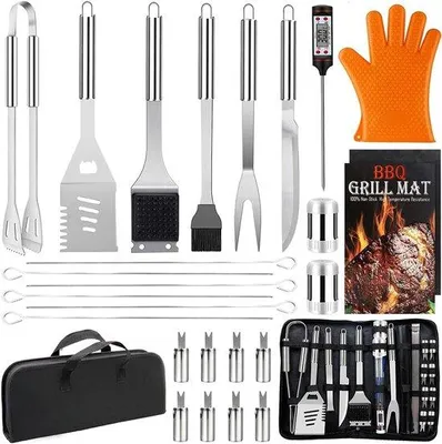 Produktbild von 28-teiliges Grillset - Professionelle Edelstahl-BBQ-Werkzeuge - Komplett mit Case - Perfekt für Garten, Camping und Außen - BBQ Zubehör für