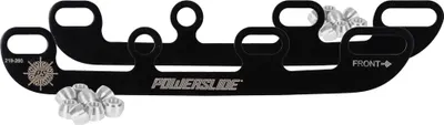 A product shot of black inline skate frames and silver spacers on a white background.
