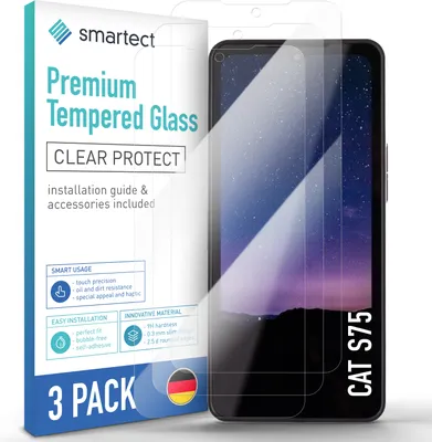 A product package for screen protectors for a CAT S75 phone, with a phone screen protector shown on a phone.