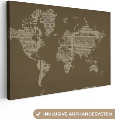 Produktbild von OneMillionCanvasses® - Leinwandbilder - 140x90 cm, Weltkarte - Retro - Zeitung, Wandbilder Kunstdruck Wanddekoration