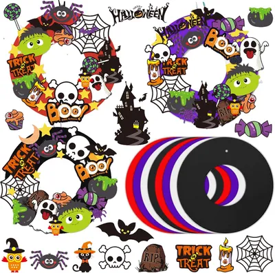 Productafbeelding van 8-delige set Halloween-decoraties voor kinderen, inclusief kransen, wanddecoraties, raamdecoraties en deurstickers, perfect voor Halloweenfeestjes