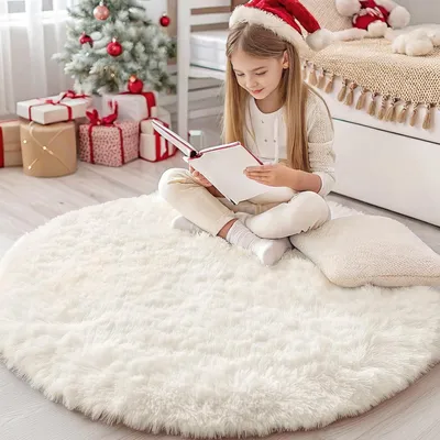 Productafbeelding van Rond vloerkleed met een hoge pool, diameter 160 cm, crème kleur, antislip, geschikt voor de woonkamer
