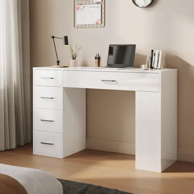 Immagine prodotto di SONNI Cassettiera bianca 120x40x75cm, cinque cassetti, maniglie in metallo, mobile da toilette, cassettiera